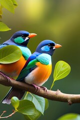Fototapeta premium two birds sitting on a branch with green leaf