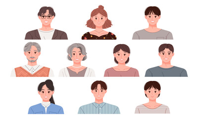 A set of upper body profiles of Asian people of different ages and genders. People vector illustration.