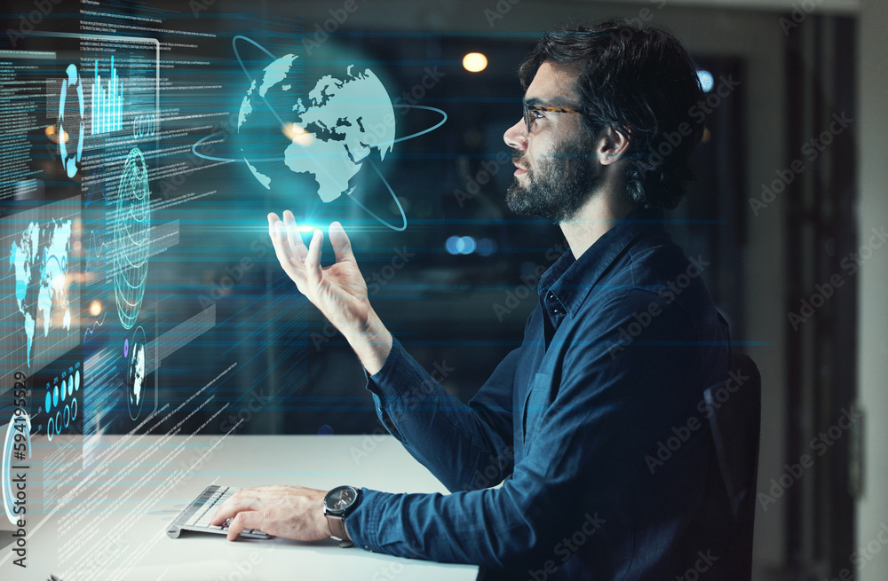 Poster Computer screen, global hologram and man with business data analytics, globe networking and worldwide software 3D. holographic, digital analysis and information technology of person on night desktop