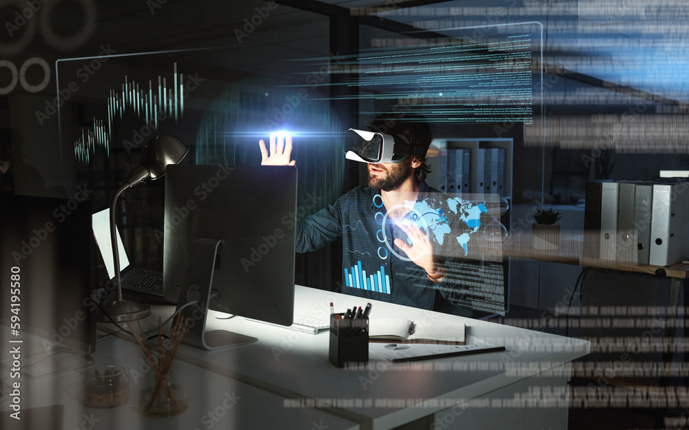 Fototapete Virtual reality, business man and data in office by computer for statistics, analysis or hologram at night. Metaverse, vr and person with futuristic tech with charts, 3d analytics or global overlay.