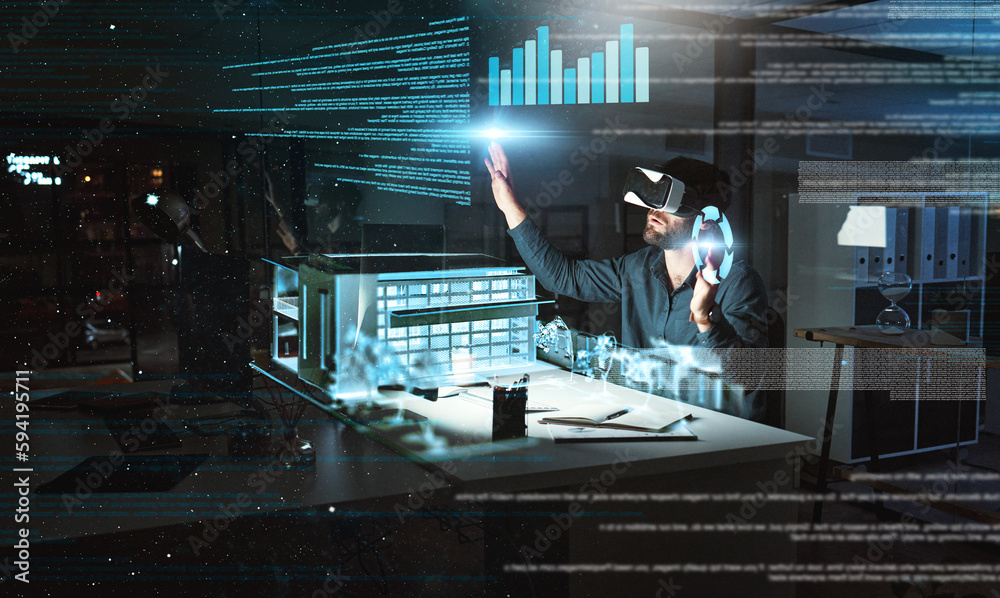 Poster Architecture hologram, engineering or man in vr with blueprint data or planning a real estate building. Futuristic, 3d model or designer with holographic vision of project at night in virtual reality