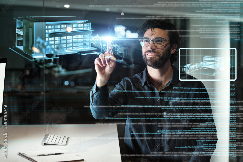 Poster business man, architecture and building hologram for smart home design, cyber security and digital o