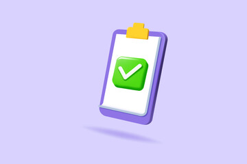 Approvement, exam, clipboard, mark icon. Task management todo check list. 3d realistic vector illustration.