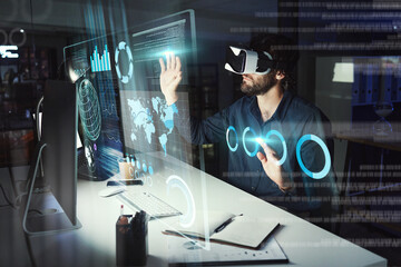Virtual reality, business man and touch hologram in office by computer for statistics, analysis or...