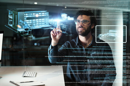 Business man, architecture and building hologram for smart home design, cyber security and digital overlay at night. Engineering developer, designer or person touchscreen on 3d, holographic software - Powered by Adobe