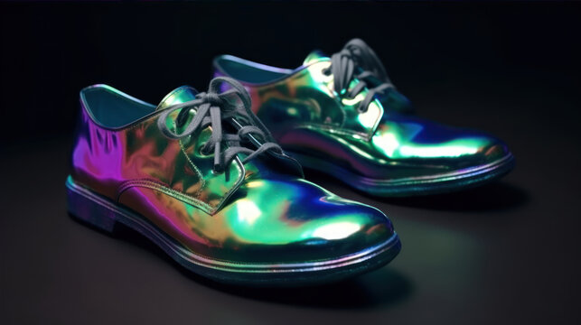 pair of shoes that are made of Liquid Holographic iridescent flud flow surface swirls, wrinkled foil background generative ai