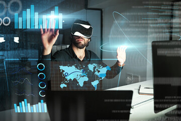 Virtual reality, business man and touch graphs, statistics or data analysis at night in office....
