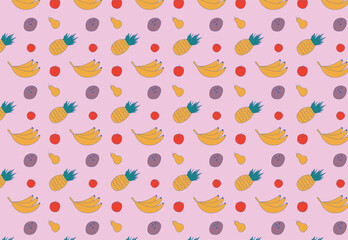 Fruit seamless pattern. Food print. Texture from bananas, pears and pineapple. Vector flat illustration.