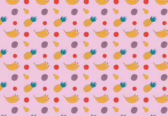 Obraz premium Fruit seamless pattern. Food print. Texture from bananas, pears and pineapple. Vector flat illustration.