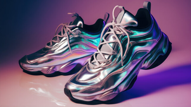 pair of sneakers that are made of Liquid Holographic iridescent flud flow surface swirls, wrinkled foil background generative ai