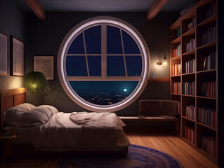 Modern bedroom decorated with bookshelves and large window.