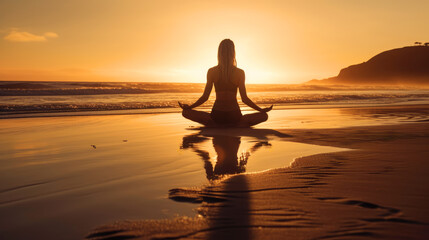 Fototapeta premium Woman practicing yoga on the beach at sunset. generative ai.