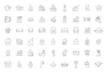 Obraz na płótnie Canvas Cozy home outline icons big vector bundle, furniture, lamp, cactus, window, house plants, kitchenware and decoration isolated clip arts, domestic life line hand drawn symbols collection