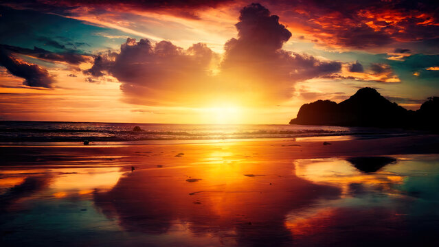 Beautiful sunset over the sea on the beach. generative ai.