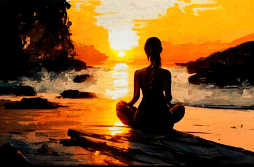 Woman practicing yoga on the beach at sunset. watercolor style. generative ai.