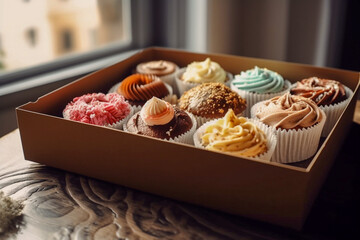 Fototapeta na wymiar Tasty cupcakes in the box. Super photo realistic background, generative ai illustration