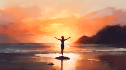 Woman practicing yoga on the beach at sunset. generative ai.