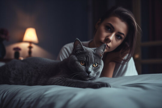 Girl on bed, cuddle up with cat AI