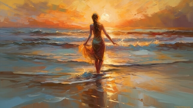 beautiful woman on the beach, Painting style. generative ai.