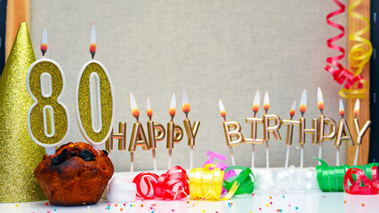 Happy birthday background with golden candles and decorations with candles burning number  80....