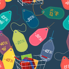Seamless pattern with shopping baskets and colorful sale price tags. Blue background. Vector illustration
