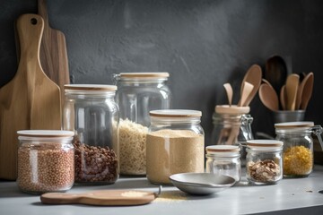 Fototapeta na wymiar Jars with cereals, spices and utensils on kitchen counter. Generative AI