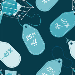 Seamless pattern with shopping baskets and sale price tags. Blue palette. Vector illustration