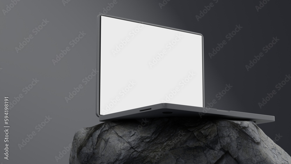 Poster close up of empty white laptop display on rock podium. tech presentation and device concept. mock up