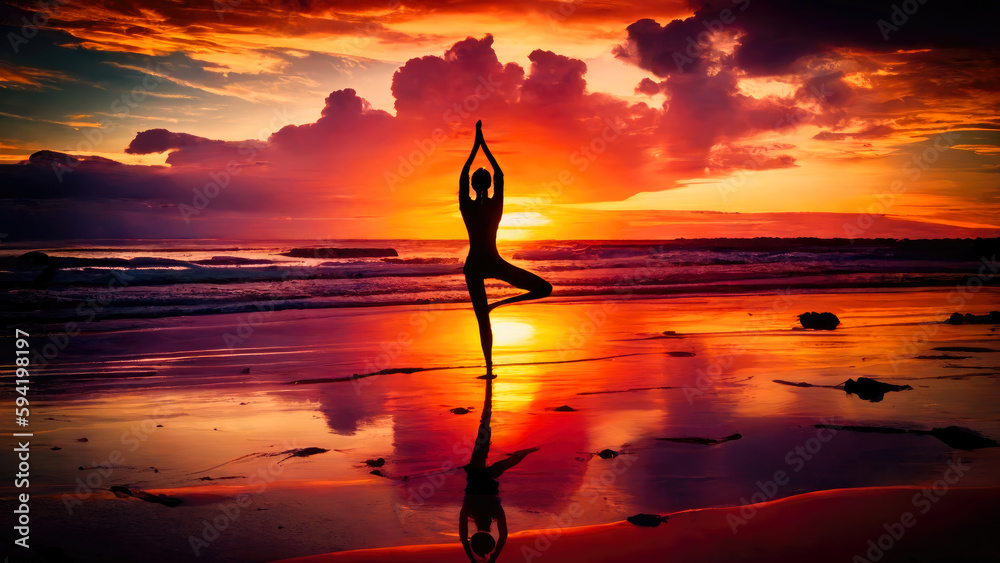 Wall mural Woman practicing yoga on the beach at sunset. generative ai.