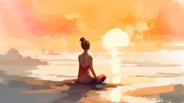 Woman practicing yoga on the beach at sunset. watercolor style. generative ai.