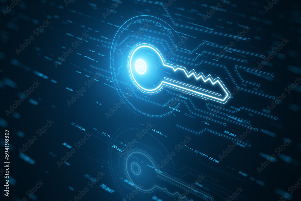 Poster glowing key hologram on blurry background. virtual house and future concept. 3d rendering.