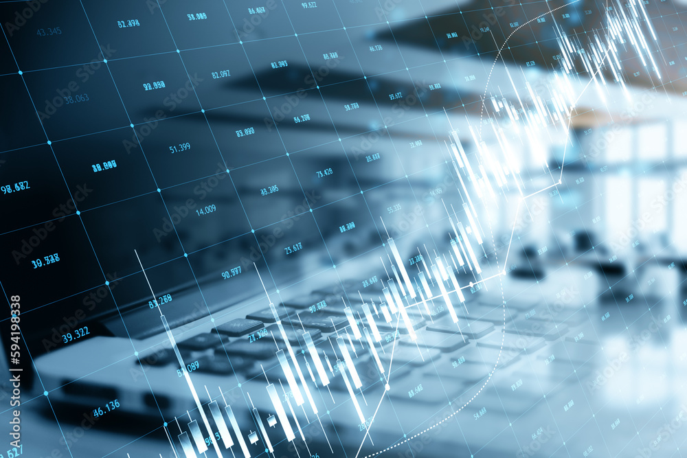Poster close up laptop with candlestick forex chart and index grid on blurry office background. trade, fina