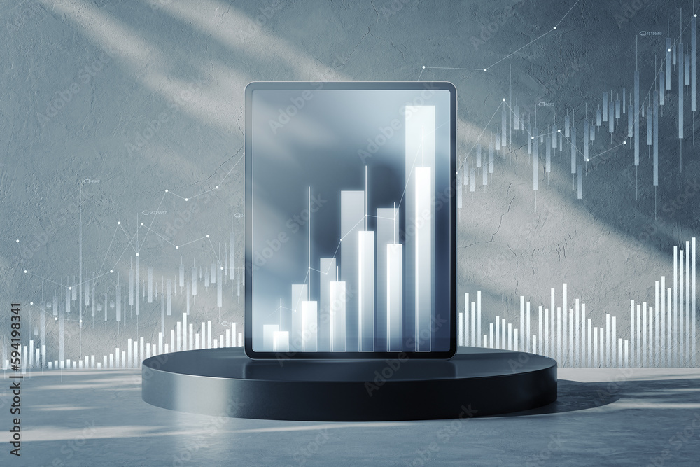 Poster Close up of tablet on podium with glowing business chart hologram on background. Finance and growth concept. 3D Rendering.