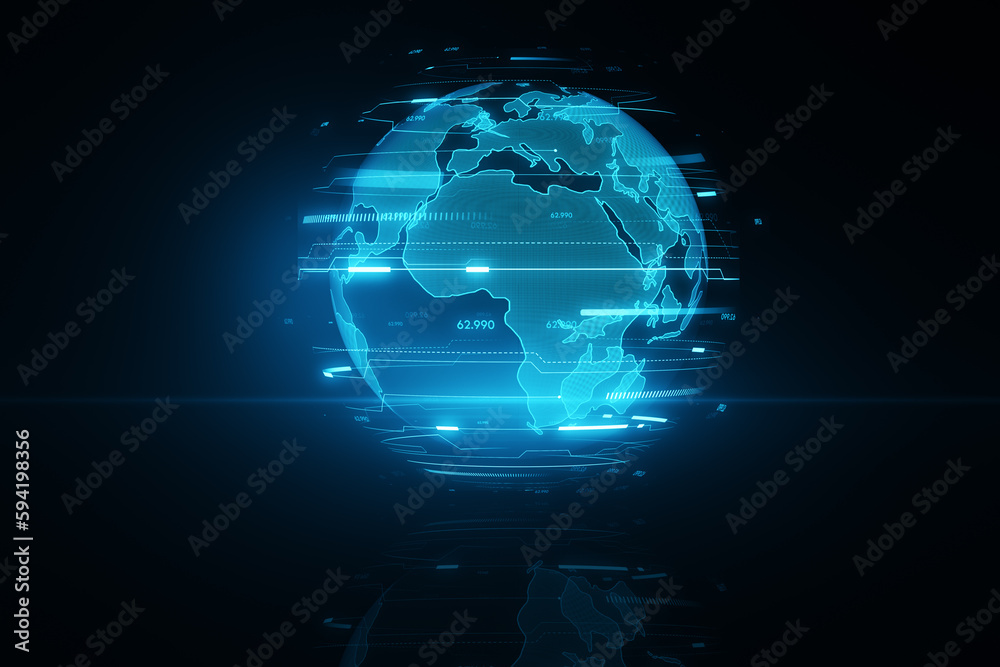 Poster Abstract glowing blue index globe hologram on dark background. Digital world and matrix concept. 3D Rendering.