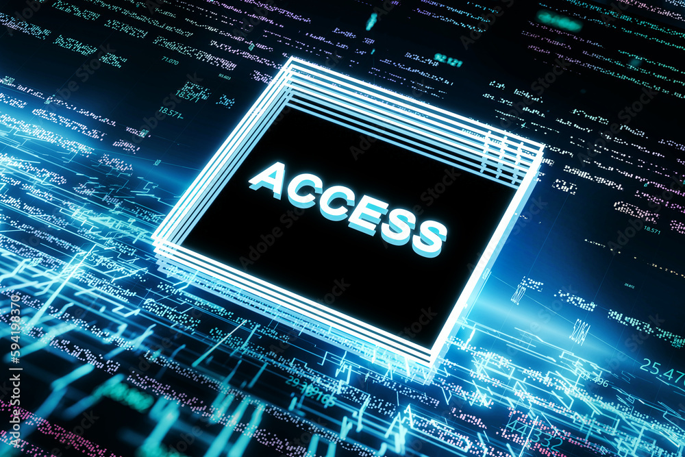 Poster abstract blue chip with text on blurry blue tech background. access, metaverse and future concept. 3