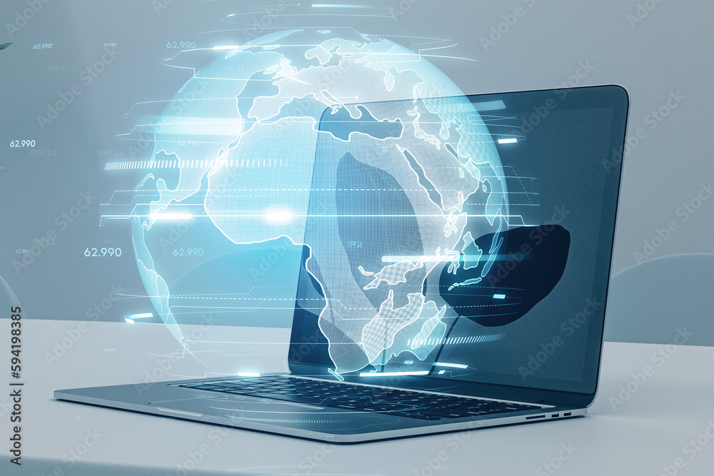 Aufkleber Close up of laptop on desktop with glowing index globe hologram on blurry background. Digital world and matrix concept. Double exposure.