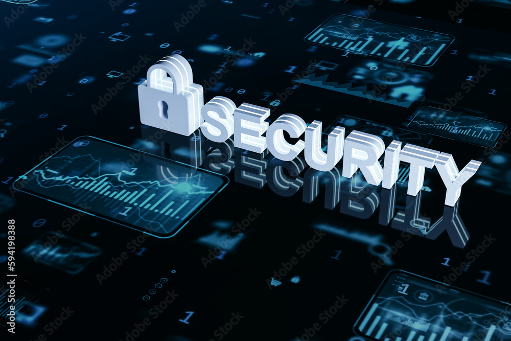 Poster Creative security padlock on blue forex chart backdrop. Financial growth and data protection concept. 3D Rendering
