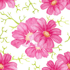 Watercolor Cosmos Flowers and Leaves Seamless Pattern. Bright pink and fuchsia florals with spring green leaves arranged in a decorative way. To use for wallpaper, banner, textile, postcard 