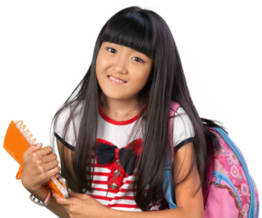 Young Asian girl wearing a backpack and carrying notebooks