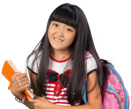 Young Asian girl wearing a backpack and carrying notebooks