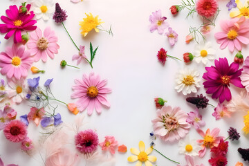 Wildflowers on a white background with a place for text, colorful summer flowers. With Generative AI tehnology