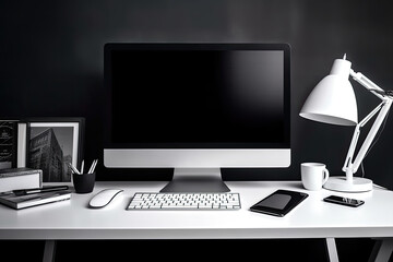 workspace with mock up computer and office supplies gadget. Blank screen and copy space	