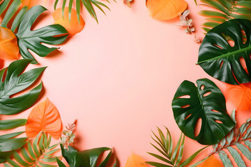 Fototapeta na wymiar Tropical leaves on pink background with place for text. With Generative AI tehnology