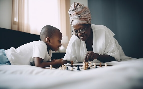 Senior dark-skinned black african american woman playing with her grandchild. Active and healthy grandmother concept. Generative AI