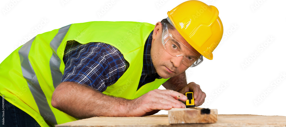 Wall mural Male worker in yellow helmet isolated on white  background