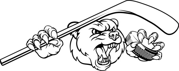A bear ice hockey player animal sports mascot holding a hockey stick and puck