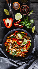 chicken fajitas with bell peppers, onion, spices