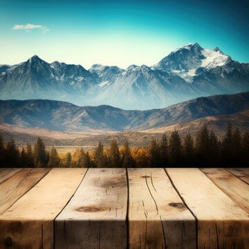 Wooden table background with landscape of mountains. Generative AI