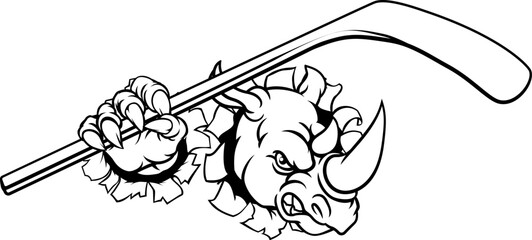 A rhino ice hockey player animal sports mascot holding a hockey stick © Christos Georghiou