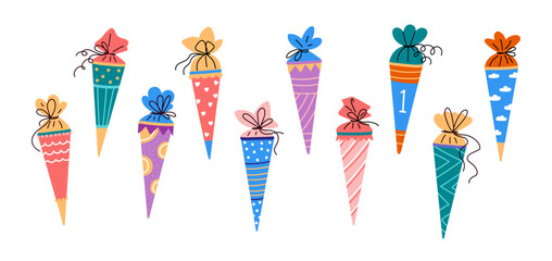 Set of candy,school cones for first grader in germany.Flat vector illustration.